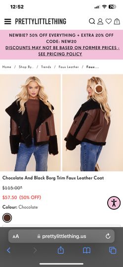 Pretty Little Thing Chocolate And Black Borg Trim Faux Leather Coat
