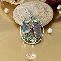 Flourite, Moss Prehnite And Peridot 925 Sterling Silver Overlay Handcrafted Pendant