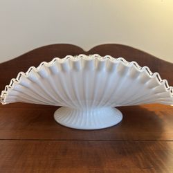 Vintage Milk Glass Silver Crest Fenton Ruffled Footed Fruit Dish 12” x 9” x 4”