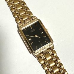 Vintage Citizen Quartz Tank Black And Gold Watch