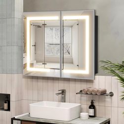 New in box! Brand new in box 36” x 30” LED Medicine Cabinet Mirror in silver finish. Perfect for bathroom remodel, vanity area, or storage upgrade. Fe