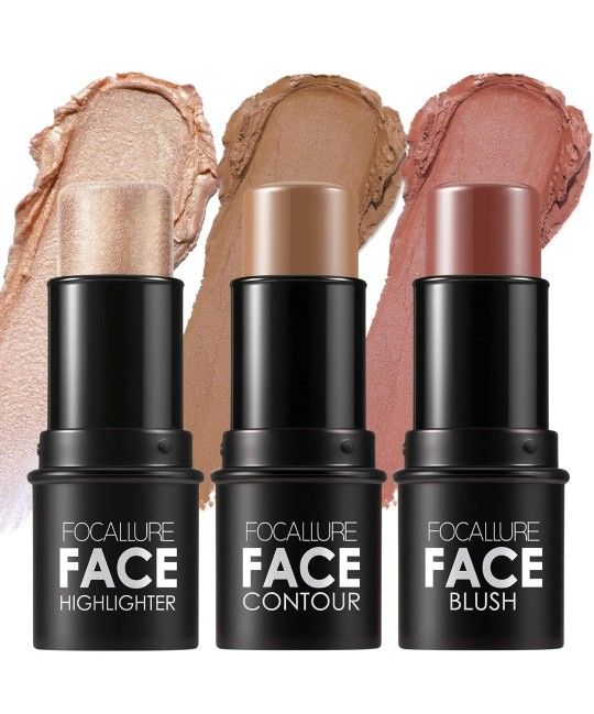 NEW! FOCALLURE 3 Pcs Cream Contour Sticks  w/ Highlighter, Bronzer & Blush, Waterproof, MEDIUM #7,11,16