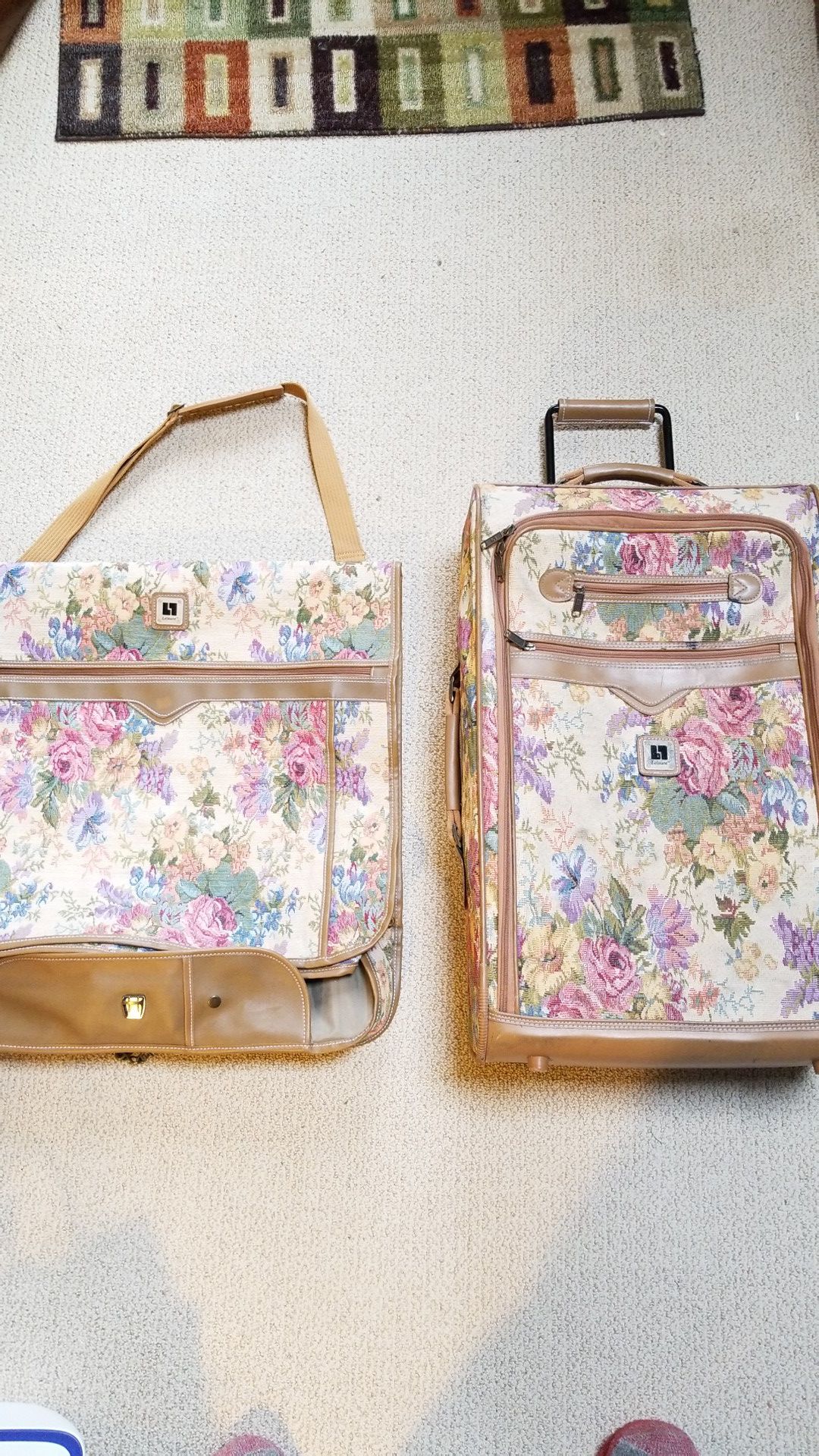Tan and Pink Floral 2 Piece Luggage Set, Rolling Suitcase and Garment Bag