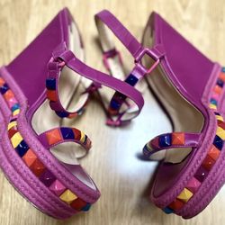 AUTHENTIC Christian Louboutin Pink Studded Espadrille Wedge Sandal  US 8/9
