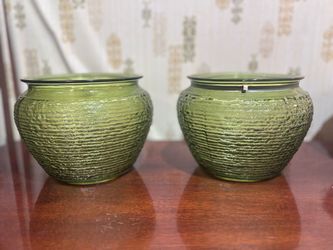 Pair of Vintage National Potteries Green Soreno Beehive Glass Planters