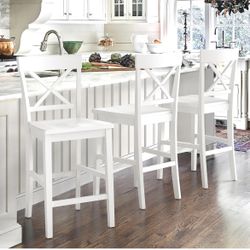 Counter Height Bar Stools Set of 3, 24" H Wooden Counter Stools with Back and Footrest, X-Back Farmhouse Barstools for Kitchen Island, Home Bar, White