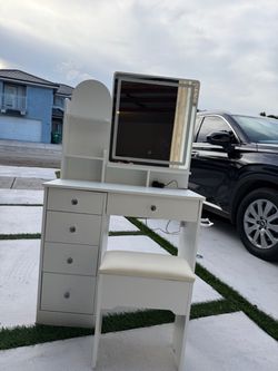 White Vanity Desk with LED Mirror and Stool