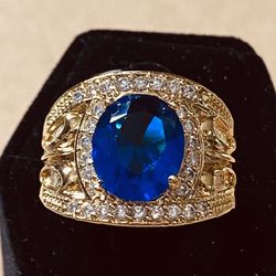 22K Stainless Steel Blue Oval Center Stone Diamond Ring
