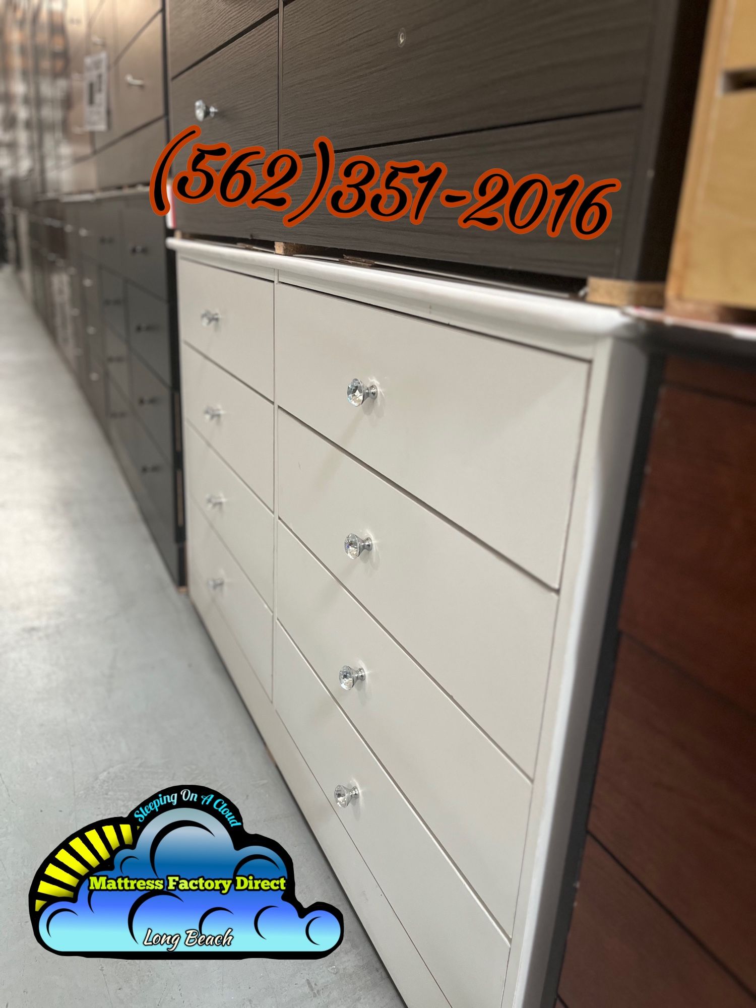 White Eight Drawer Dresser With Diamond Knobs Chest