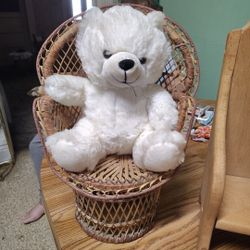 12 Inches Wicker Chair With A White Teddy Bear.