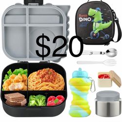 Dinosaur Lunch Box for Kids with Secret Compartment | 4 Compartments Bento Box + 12oz Insulated Food Jar | Leak-Proof Sauce Cup & Collapsible Spoon | 
