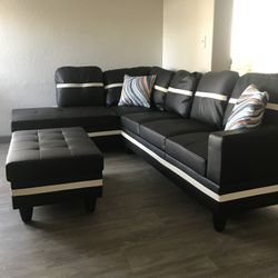 Black Sectional Sofa Set w/ Ottoman (Left Chaise) 👍FREE FINANCING AVAILABLE 👉 0️⃣ DOWN PAYMENT ❗NO CREDIT CHECK❗ 