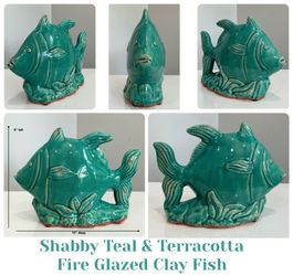 Shabby Teal & Terracotta Fire Glazed Clay Fish