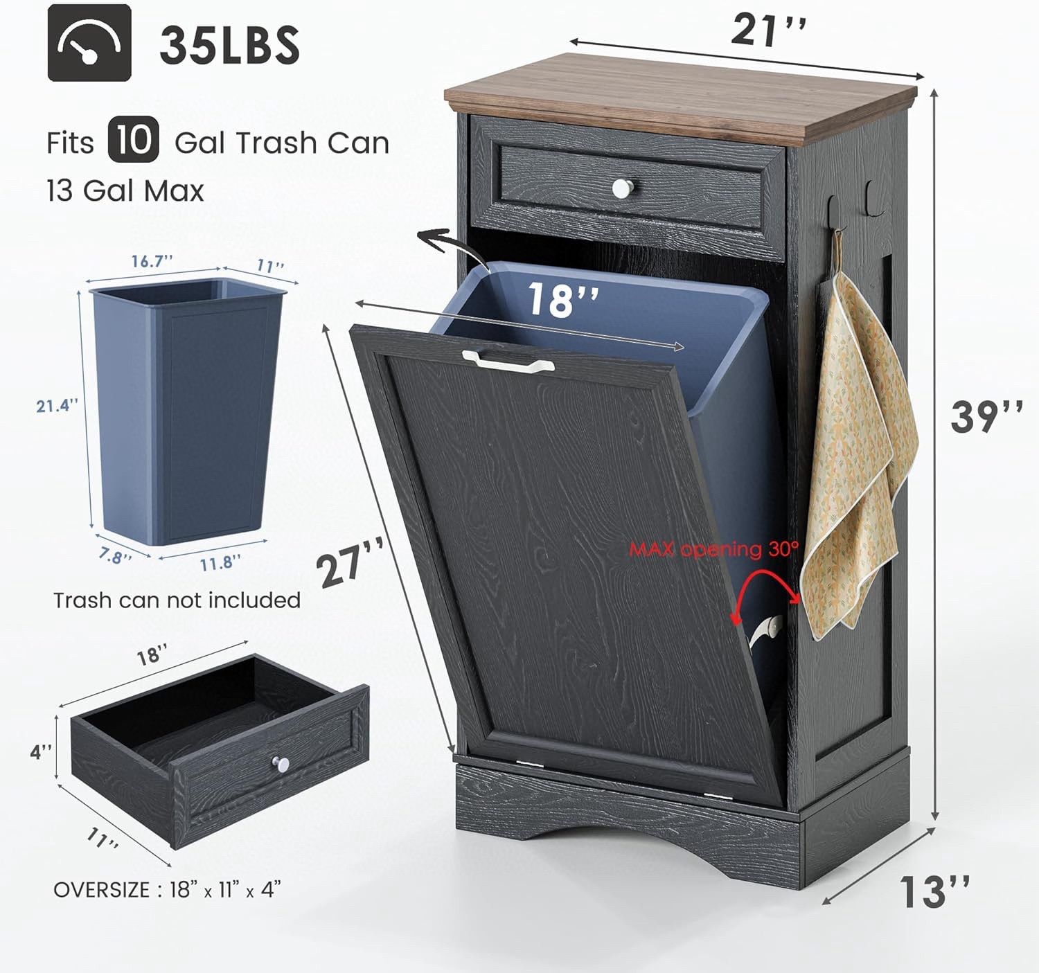 NEWOWNDSTilt Out Trash Can Cabinet 10 Gallon Hidden Trash Garbage Can Cabinet with Drawer,Pet Proof Hidden Garbage for Kitchen,Laundry Bathroom (Black
