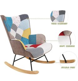 Patchwork Linen Rocking Chair with Ottoman for Living Room or Bedroom