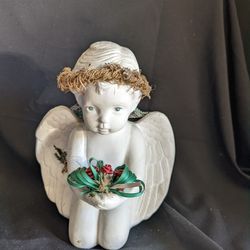 Precious Bisque Kneeling Angel Cherub Figurine holding Roses
