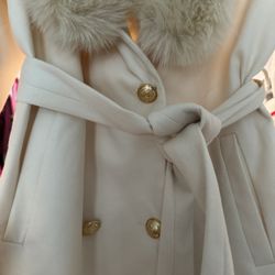 Women’s Long Fur Trimmed Ivory Cream Coat 