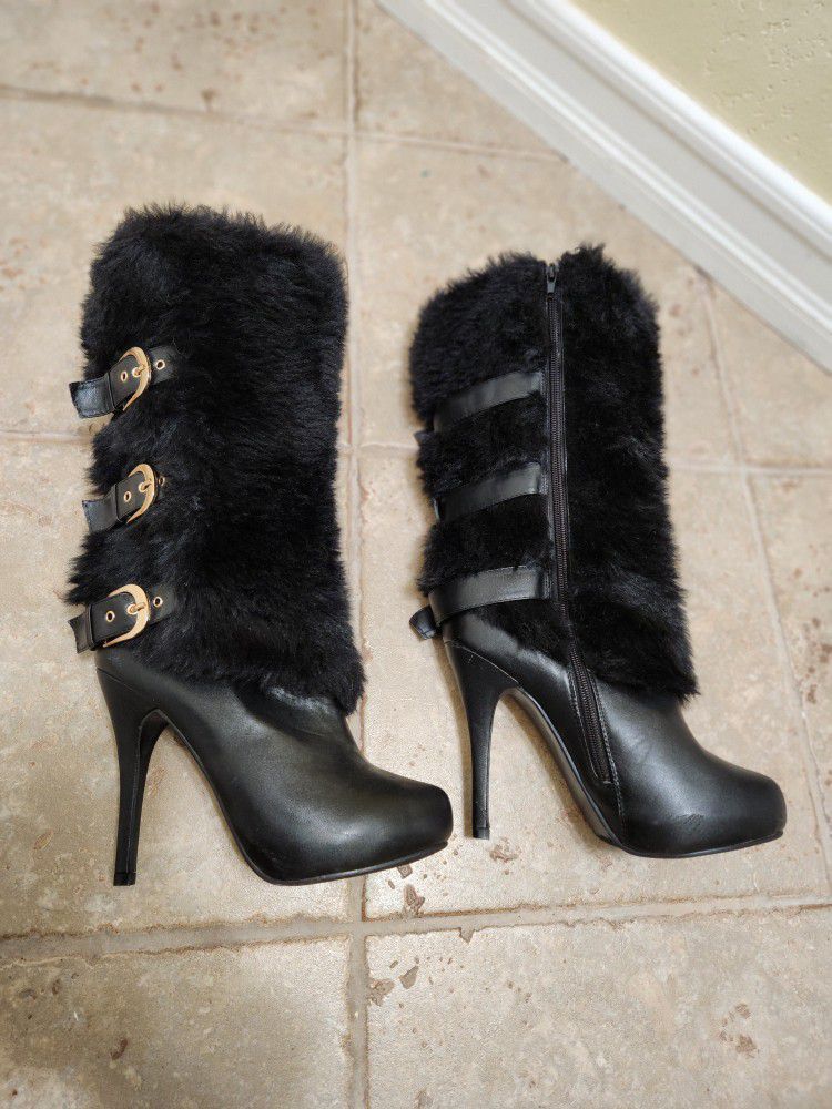 Mid-Calf Furry Black Stilleto Boots With Gold Buckles (Size 10)