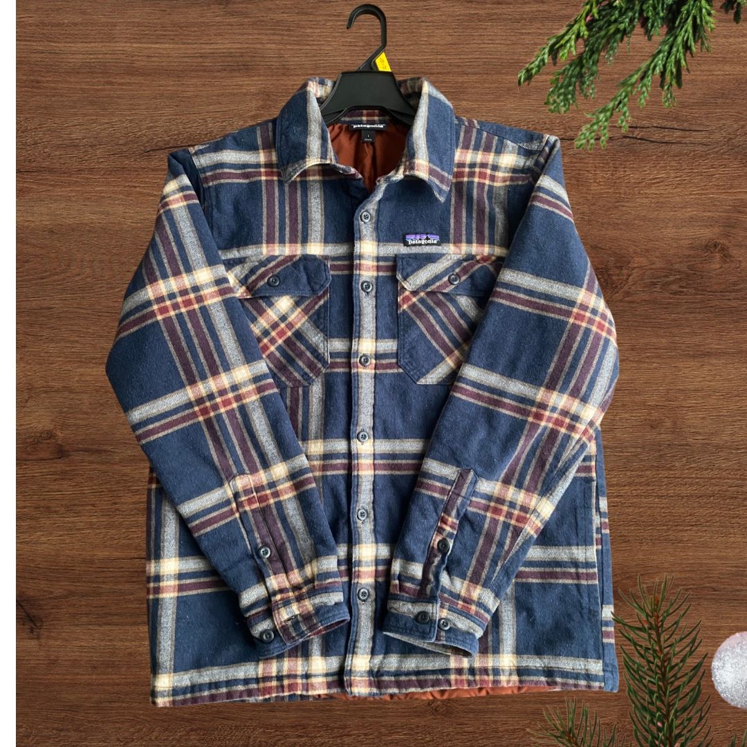Patagonia Insulated Fjord Flannel Shirt Jacket Large Men Blue Plaid Shacket L