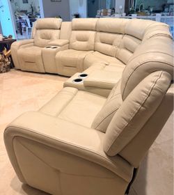 Cream Leather Sectional Recliner Sofa with Cup Holders