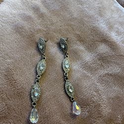 Vintage Art Deco Marquis Crystal Drop Earrings - Aurora Borealis Teardrop