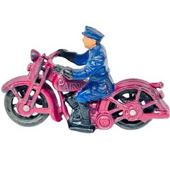 Vintage Iron Art Patrol Motorcycle Cast Iron Toy Policeman Reproduction 60s