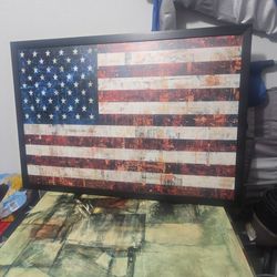 Rustic American Flag Framed Wall Art - Distressed Vintage Style