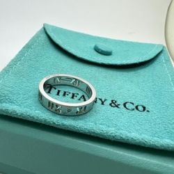 Tiffany Co 18k White Gold Diamond Pierced Atlas Band Ring Roman Numeral Size 4.5
