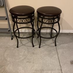 Brown Leather And Iron Swivel Barstools (2)