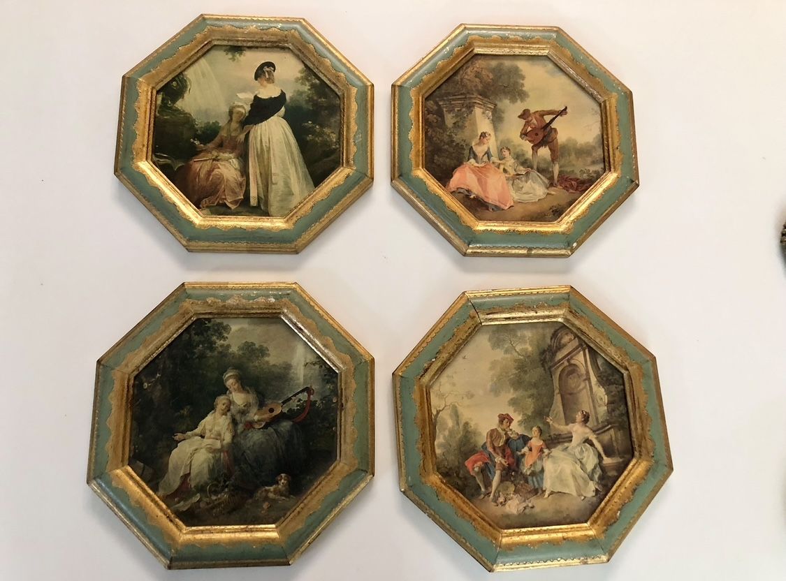 Vintage Florentine Italian Giltwood Wall Decor, Large 10”x10”-4 Different Scenes. Made In Italy