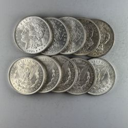 Lot of TEN 1921 Morgan Silver Dollars -- ALL NEAR-UNCIRCULATED COINS!