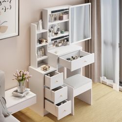 29.2" Small White Make Up Vanity, Dressing Table with 4 Drawer, 6 Level Storage Dresser with Extra Large Right Sliding Mirror