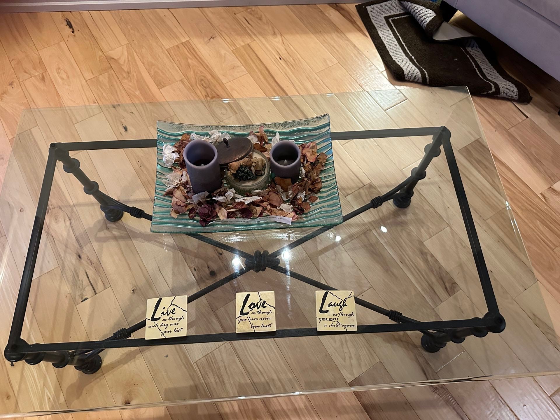 Elegant Glass & Wrought Iron Coffee Table and Matching Side Table
