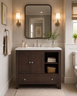 30” Brown Freestanding Bathroom Vanity w/ Drawer & Storage w/ Ceramic Sink (FAUCET NOT INCLUDED) [NEW IN BOX] **Retails for $500 ^Assembly Required