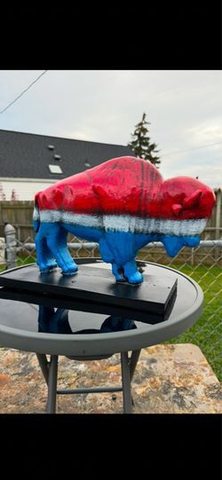 The red white and blue buffalo statue