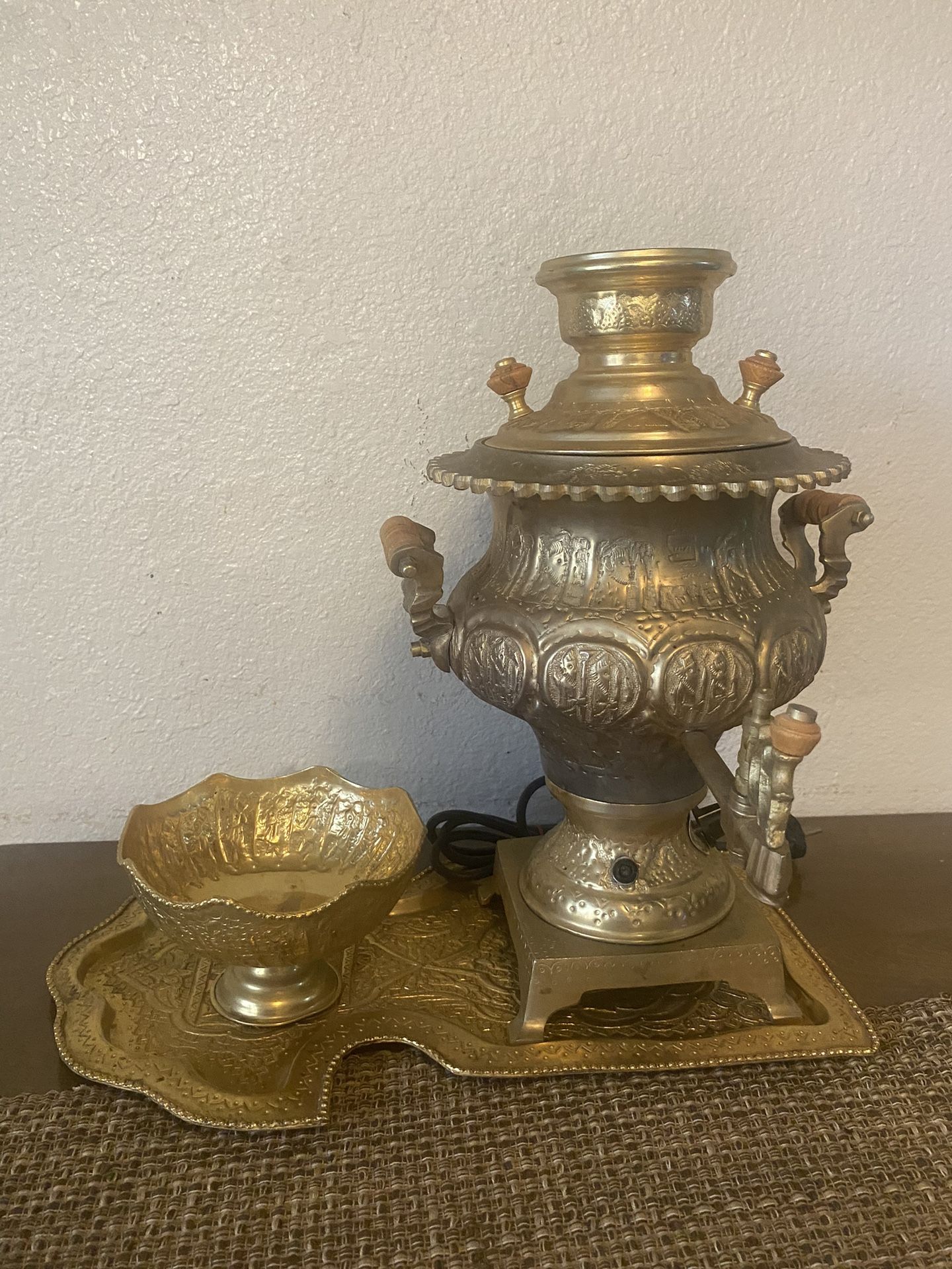 Antique Gold Brass Samovar Tray Bowl Persian Tea Serving Ancient Achaemenid Empire Art Warming Footed Repoussé Ornate Wedding Decor Rustic