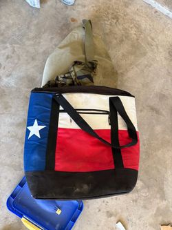 Texas Flag Insulated Cooler Tote Bag. Antique Boy Scout canteen, cigarette lighter fan.