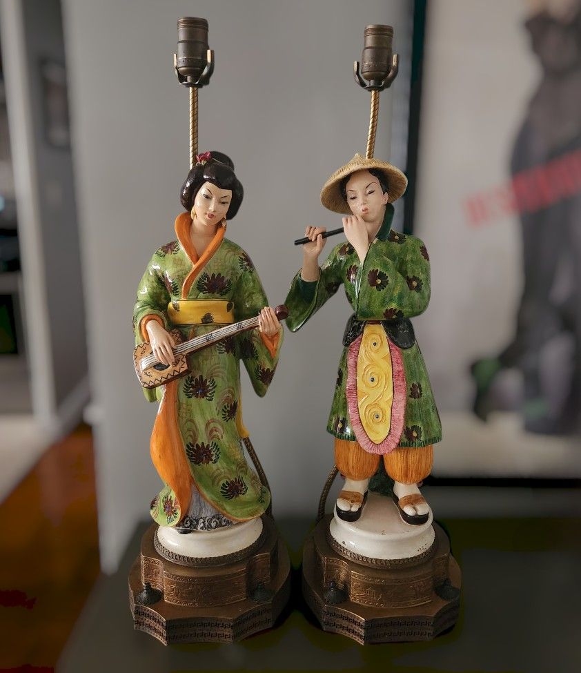 Antique Pair Of 2 Chinese Porcelain & Brass Figural Table Lamps Male & Female