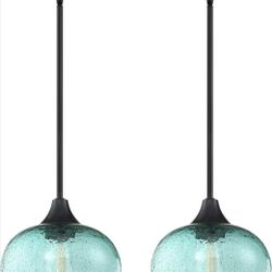 2 Pack 1 Light Hanging Indoor Kitchen Island Pendant Light,7.3" Black Seeded Ancient Green Glass Pendant Ceiling Light Fixtures Black Finish Modern