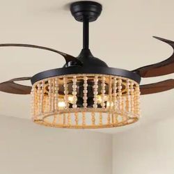 Ceiling Fan 48 in. Indoor 5-Lights Bohemian Remote, Timer, Dimmable, Reverse, Black, Beige 