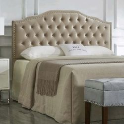 0387: Upholstered Button Tufted Headboard with Nailhead Trim, Soft Velvet Fabric Headboard Queen/Full, Taupe