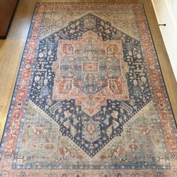 Vintage-Style Area Rug Blue & Red Medallion Pattern (Great Condition)