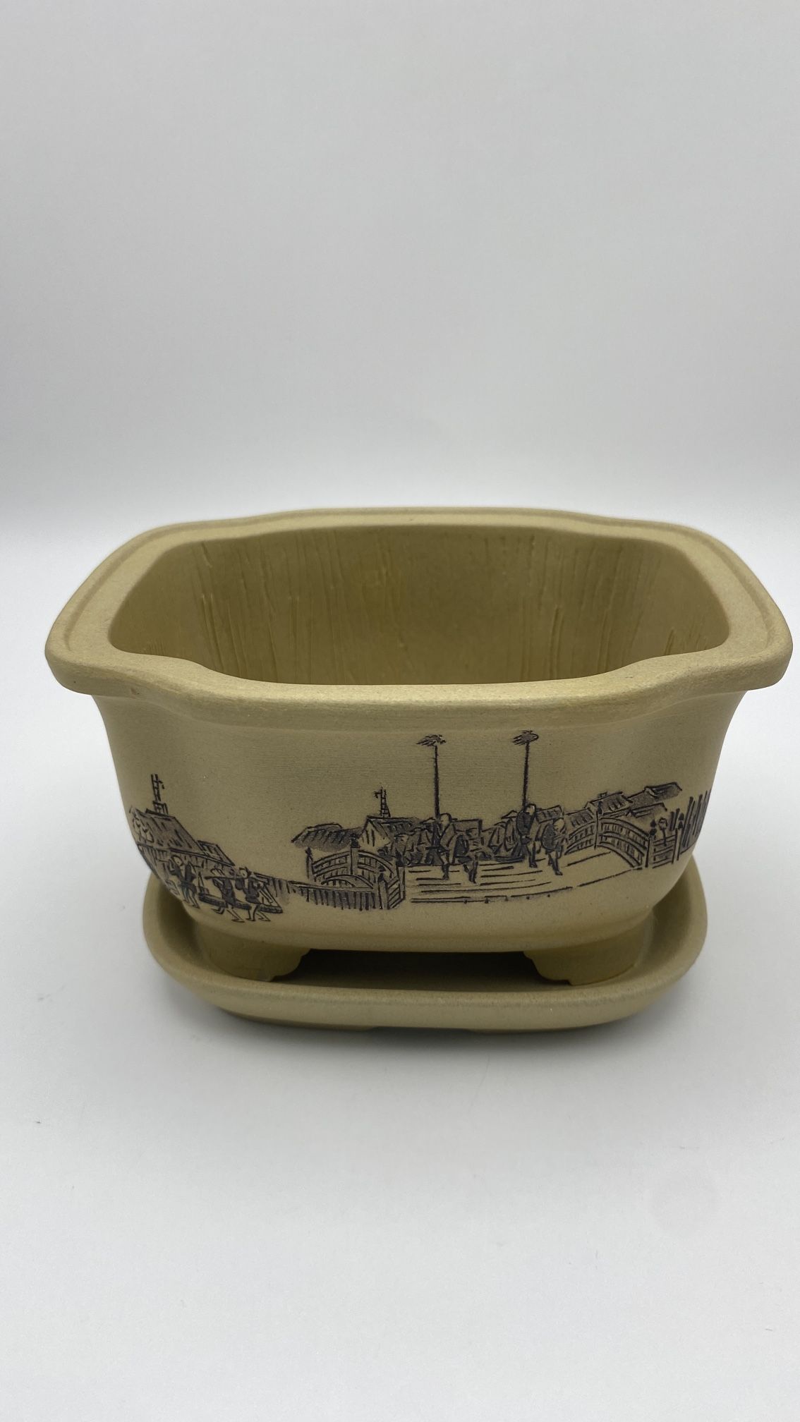 Mini Japanese Bonsai Tree Clay Pot Art Shape Miniature Tree Pot 3”T x 4.75”W w/Under Plate