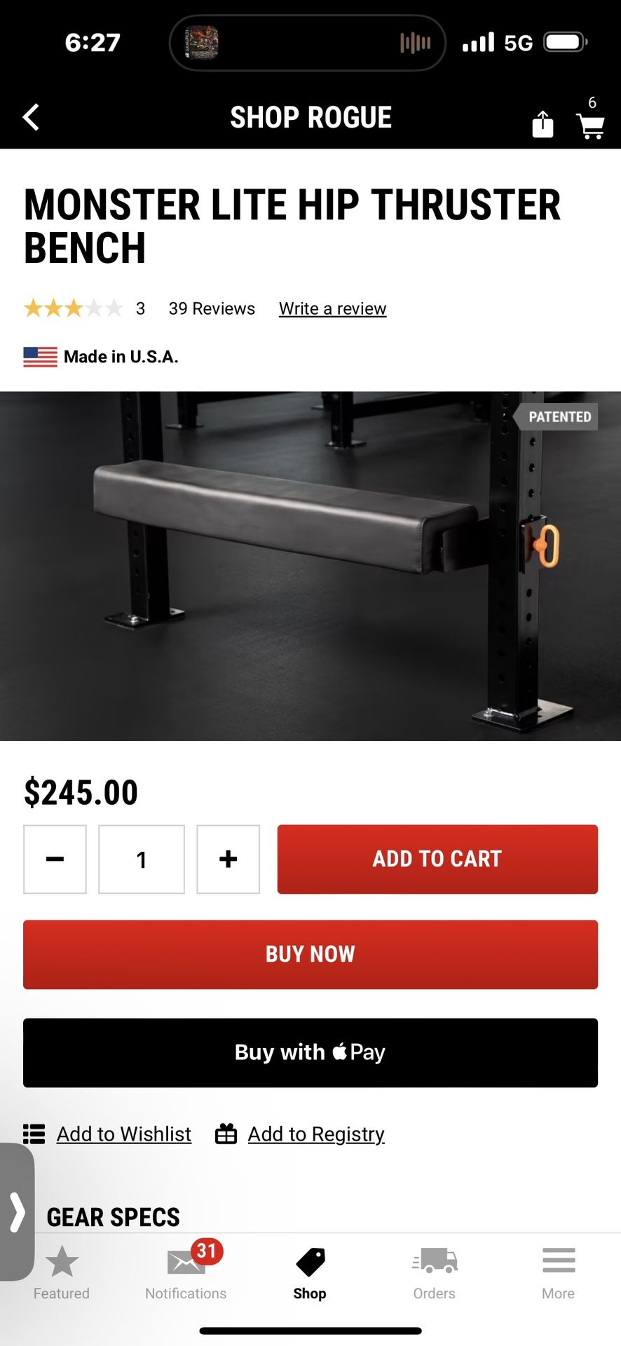 Rogue Fitness Hip Thruster Bench