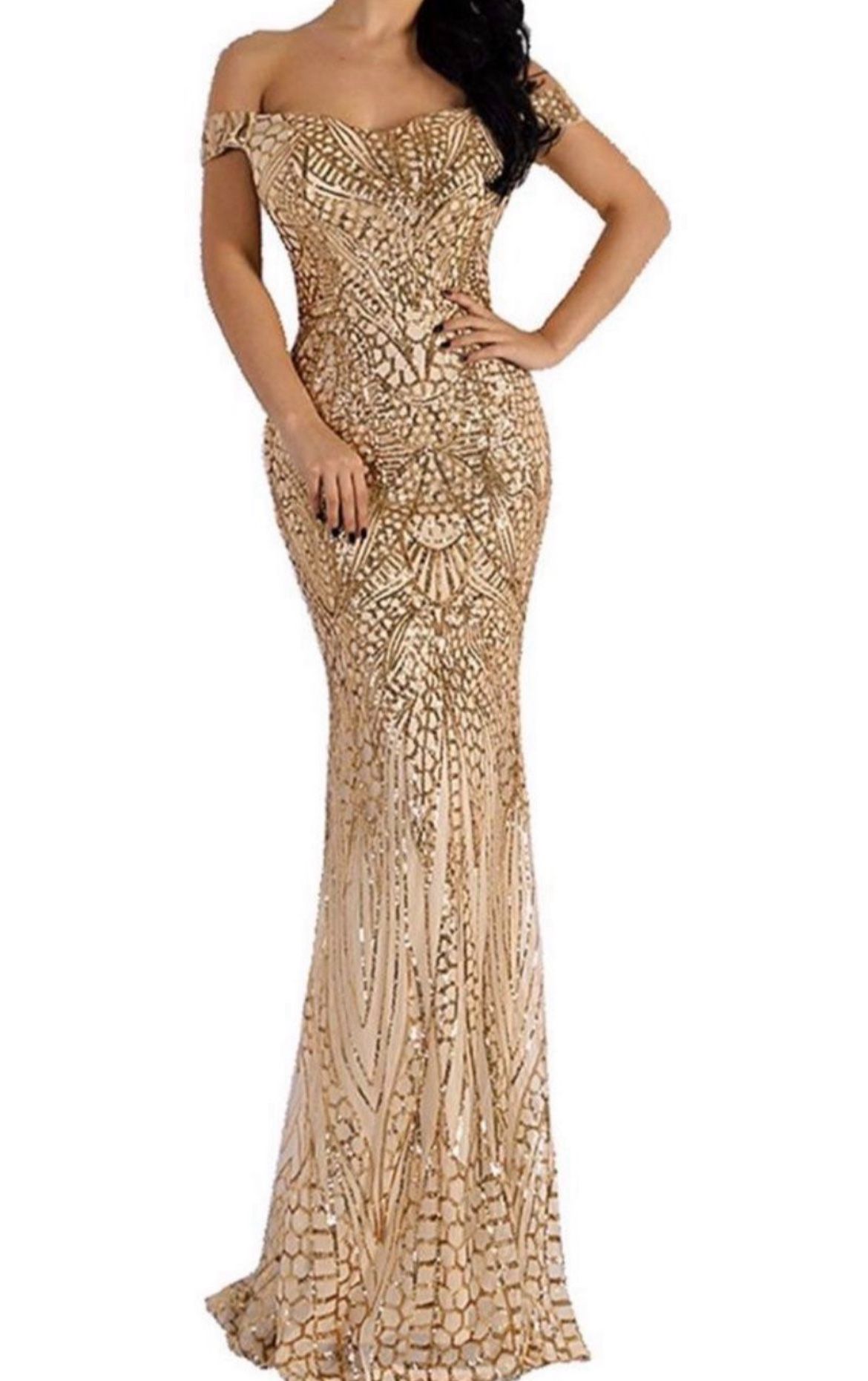 XL Off Shoulder Gold Sequined Evening Party Maxi Dress