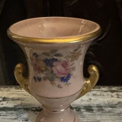 Vintage Porcelain/Ceramic Floral Vase Gold Trim 8"exc cond 