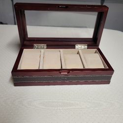 Wood Jewelry /watcBox with Real Glass Lid, 4 Padded Compartments,