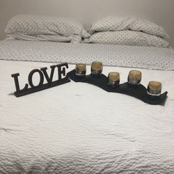 Mikasa AMBER SOLARIS WAVE VOTIVE CENTERPIECE CANDLE HOLDER And Love Sign for Home Decor Wooden Love