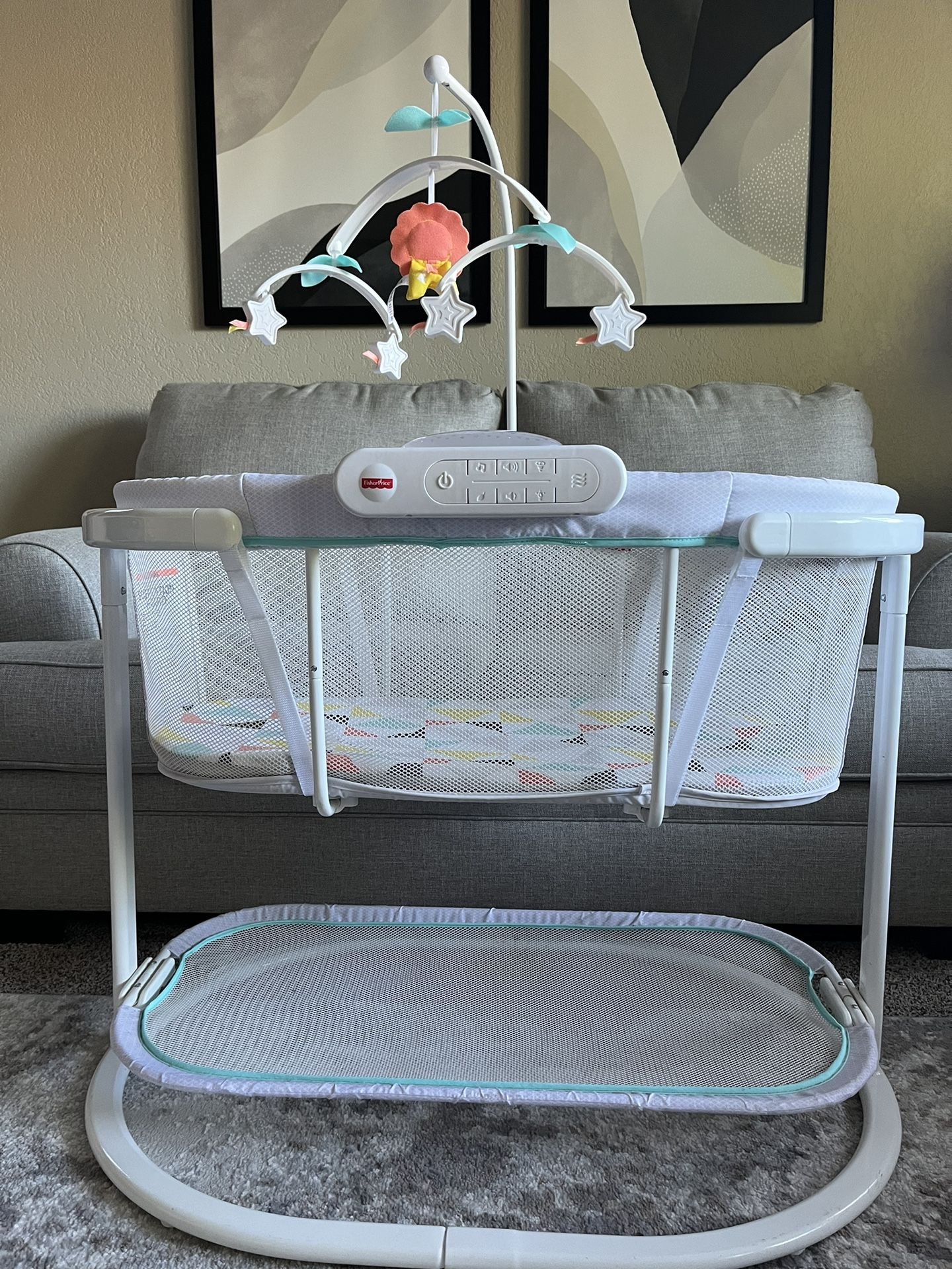Fisher-Price Baby Bedside Sleeper Soothing Motions Bassinet With Lights Music Vibrations & Overhead Mobile, Windmill