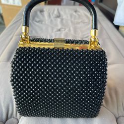 Black beaded top handle evening bag